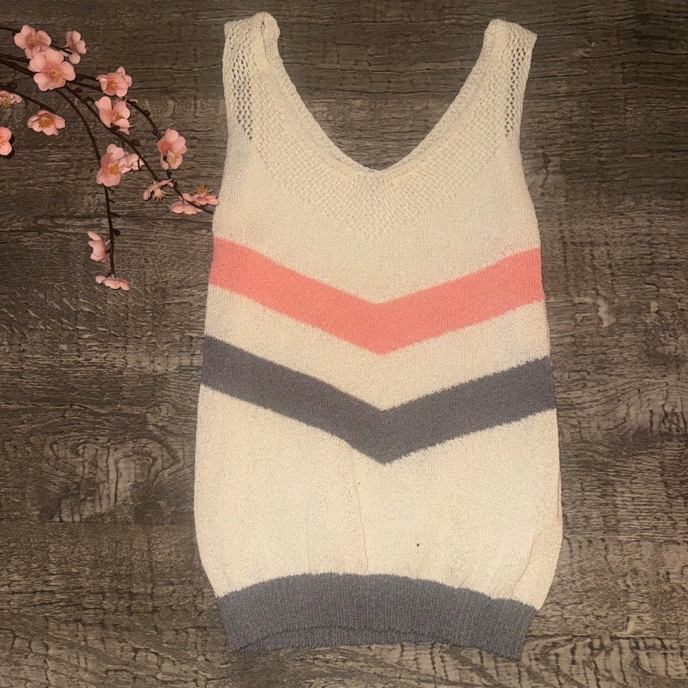Y2K Knit Tank Top Chevron Stripe V Neck Sleeveless Sweater Pink Gray Small
